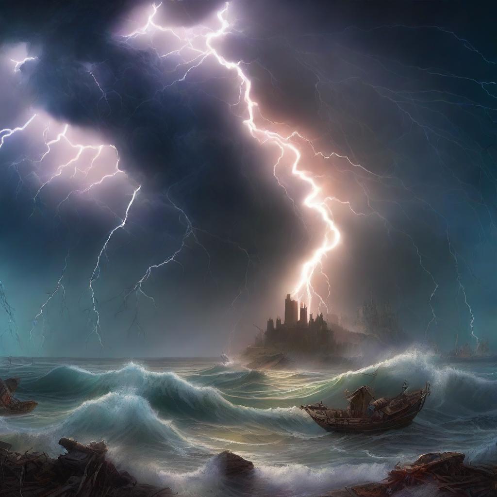 A chaotic landscape where the forces of nature are in an uproar, with tornadoes, raging oceans, and bolts of lightning symbolizing the reign of chaos