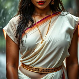 A stunning Indian model wearing a traditional Kerala-style white saree, soaking wet from the rain, accentuating her beautiful thin waist adorned with a golden waist chain