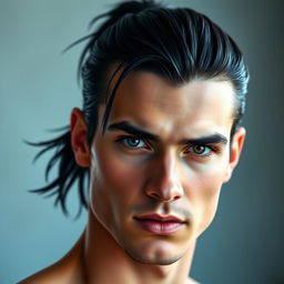 A realistic portrait of a handsome man with striking black hair styled in a ponytail