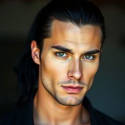 A realistic portrait of a handsome man with striking black hair styled in a ponytail