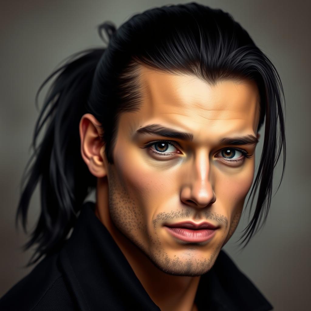 A realistic portrait of a handsome man with striking black hair styled in a ponytail