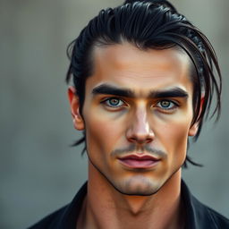 A realistic portrait of a handsome man with striking black hair styled in a ponytail