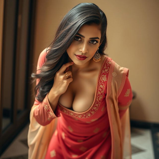 An alluring image of a beautiful 25-year-old woman with a voluptuous figure, dressed in a traditional tight-fitting shalwar kameez that accentuates her curves