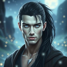 A fantasy portrait of a handsome man with long black hair styled in a ponytail, featuring a pale face that highlights his striking and otherworldly appearance