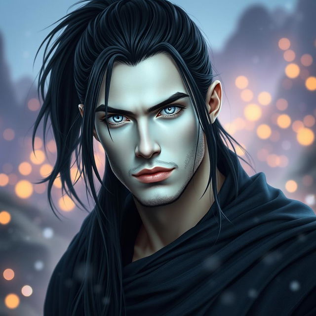 A fantasy portrait of a handsome man with long black hair styled in a ponytail, featuring a pale face that highlights his striking and otherworldly appearance