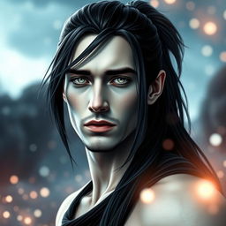 A fantasy portrait of a handsome man with long black hair styled in a ponytail, featuring a pale face that highlights his striking and otherworldly appearance