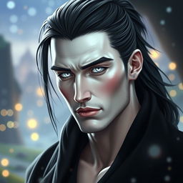 A fantasy portrait of a handsome man with long black hair styled in a ponytail, featuring a pale face that highlights his striking and otherworldly appearance