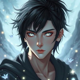 A fantasy depiction of a young man with jet black hair styled in a ponytail, showcasing a pale face that adds to his ethereal allure