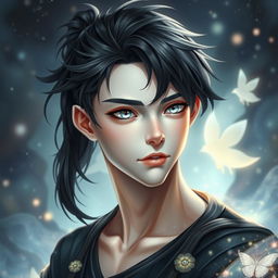 A fantasy depiction of a young man with jet black hair styled in a ponytail, showcasing a pale face that adds to his ethereal allure
