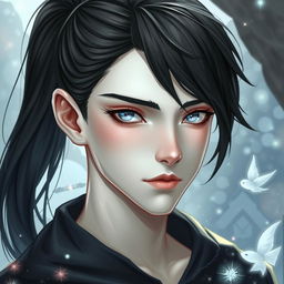 A fantasy depiction of a young man with jet black hair styled in a ponytail, showcasing a pale face that adds to his ethereal allure