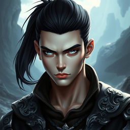 A fantasy portrayal of a young, sharp-looking man with sleek black hair tied in a ponytail, accentuating his angular features