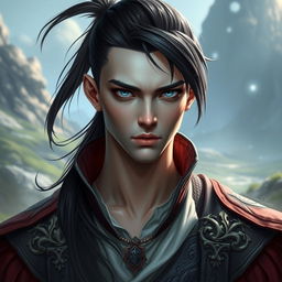 A fantasy portrayal of a young, sharp-looking man with sleek black hair tied in a ponytail, accentuating his angular features