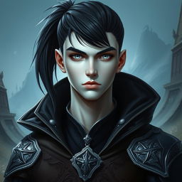 A fantasy portrayal of a young, sharp-looking man with sleek black hair tied in a ponytail, accentuating his angular features