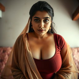 An enchanting image of a beautiful 25-year-old woman with a voluptuous bust, embracing a natural look that includes visible acne on her face, showcasing her authenticity and confidence