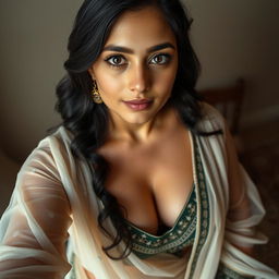 An enchanting image of a beautiful 25-year-old woman with a voluptuous bust, embracing a natural look that includes visible acne on her face, showcasing her authenticity and confidence