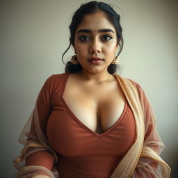 A striking image of a beautiful 25-year-old woman with a voluptuous bust, proudly displaying her natural beauty with visible pimples and acne on her face