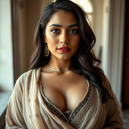 A striking image of a beautiful 25-year-old woman with a voluptuous bust, proudly displaying her natural beauty with visible pimples and acne on her face