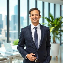 A successful businessman standing confidently in a modern office environment