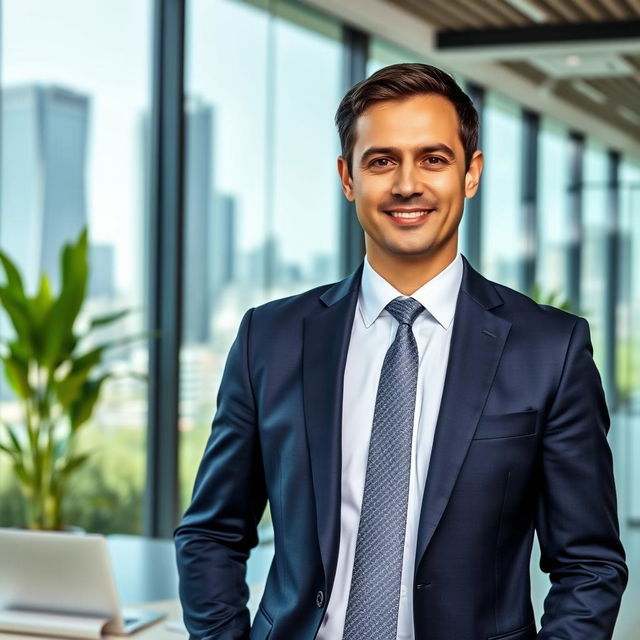 A successful businessman standing confidently in a modern office environment