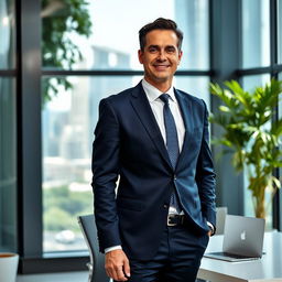 A successful businessman standing confidently in a modern office environment