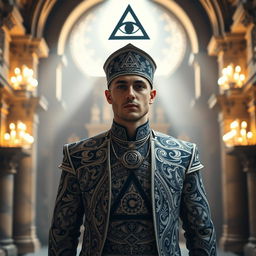 A striking image of a person named Eli Weffer, dressed in elaborate Illuminati regalia that features intricate mystical patterns and symbols
