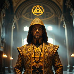 A striking image of a person named Eli Weffer, dressed in elaborate Illuminati regalia that features intricate mystical patterns and symbols
