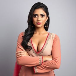A beautiful 25-year-old voluptuous woman with a babyface, showcasing a natural look