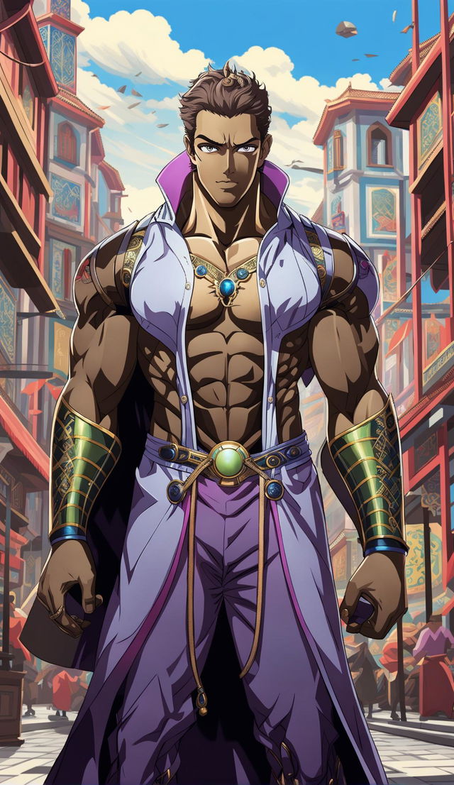 Anime-style buff Turkish villain in an Ottoman-inspired futuristic city. He's dressed in futuristic Turkish attire.