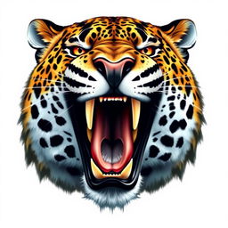 A highly detailed and realistic depiction of the head of a roaring leopard, showcasing its sharp teeth, fierce expression, and intricate fur patterns