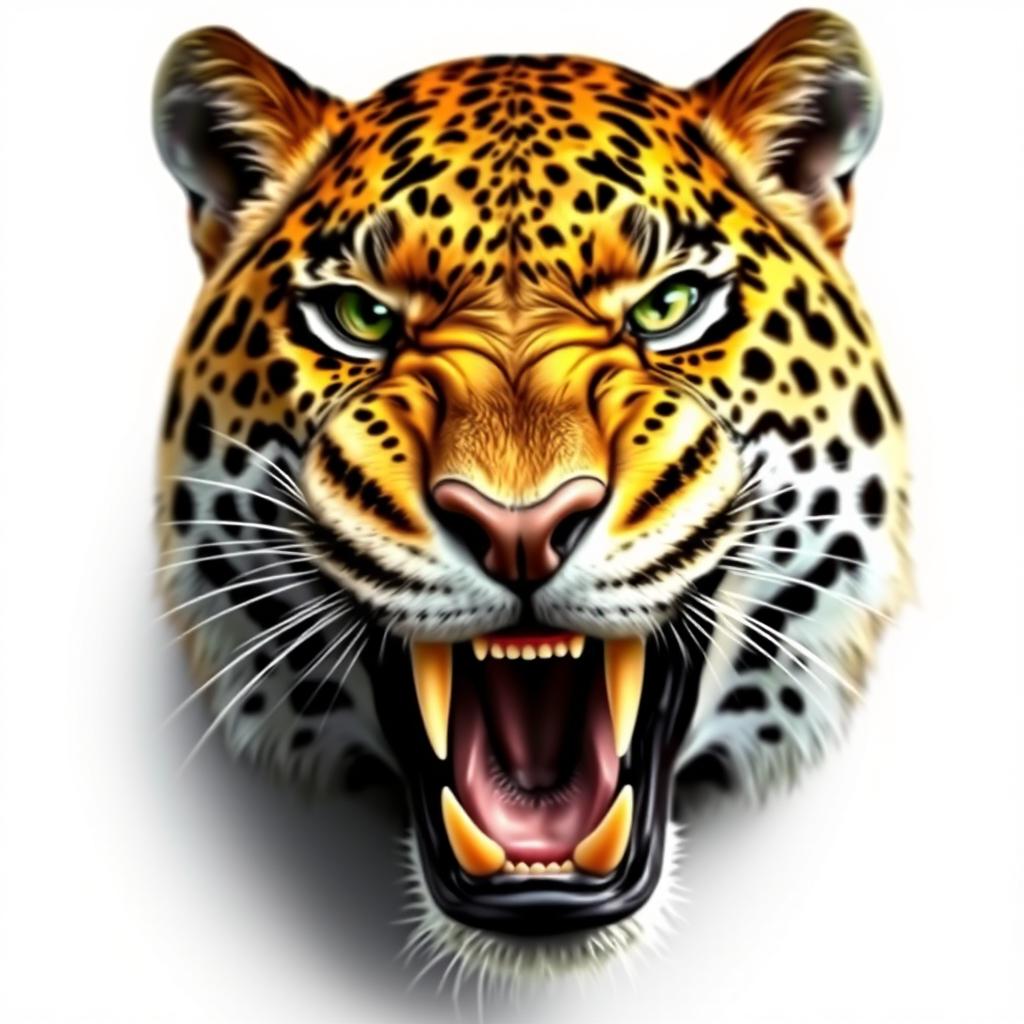 A highly detailed and realistic depiction of the head of a roaring leopard, showcasing its sharp teeth, fierce expression, and intricate fur patterns