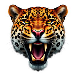 A highly detailed and realistic depiction of the head of a roaring leopard, showcasing its sharp teeth, fierce expression, and intricate fur patterns