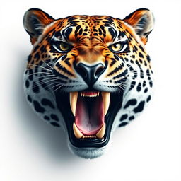 A highly detailed and realistic depiction of the head of a roaring leopard, showcasing its sharp teeth, fierce expression, and intricate fur patterns