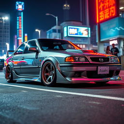 A stunning Mazda 626 Asahi with an eye-catching body kit, showcasing its sleek lines and sporty design