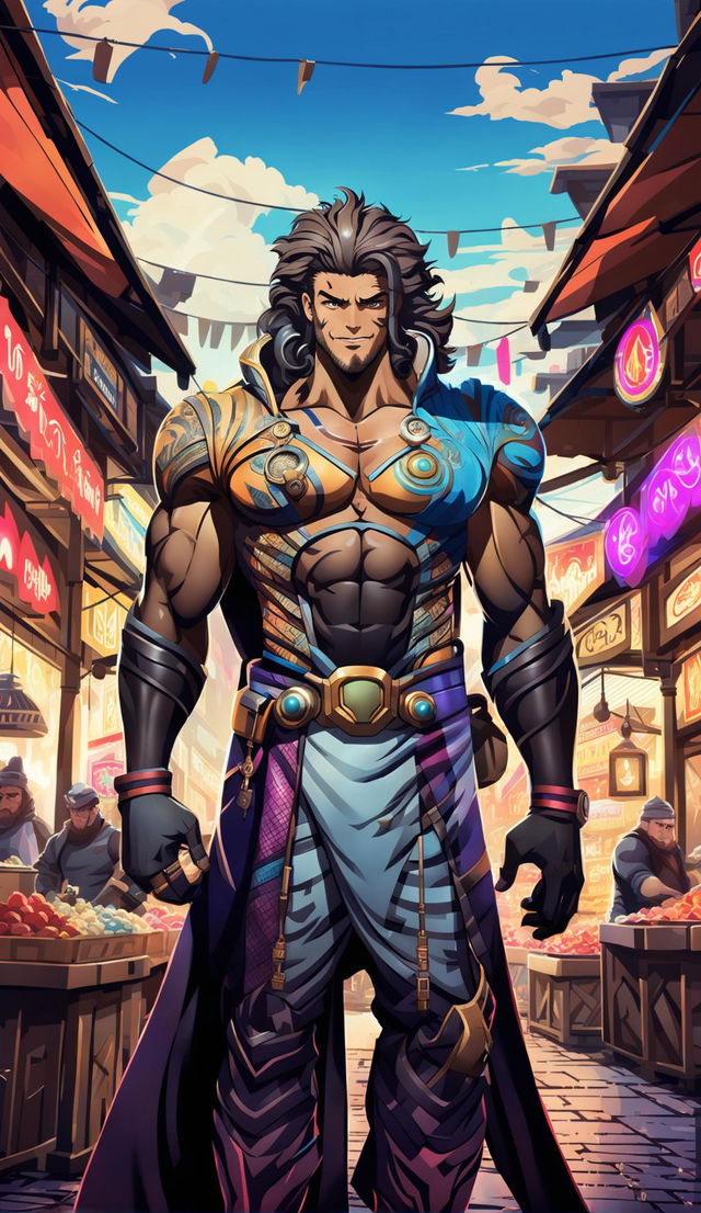 Anime-style buff and hairy Turkish villain, battle-ready in a futuristic bazaar. He's dressed in futuristic Turkish attire.