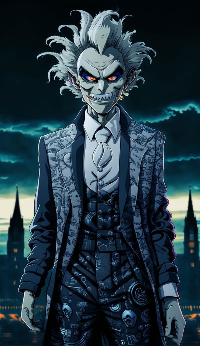 Anime-style British villain with bad teeth, looking scary in front of Buckingham Palace tower