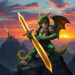 A fierce dragon warrior standing tall on a rocky cliff, wielding a majestic sword that glows with magical energy