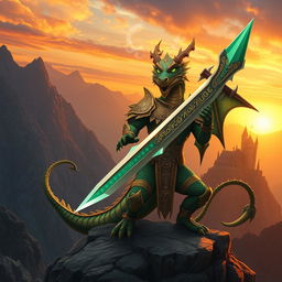 A fierce dragon warrior standing tall on a rocky cliff, wielding a majestic sword that glows with magical energy