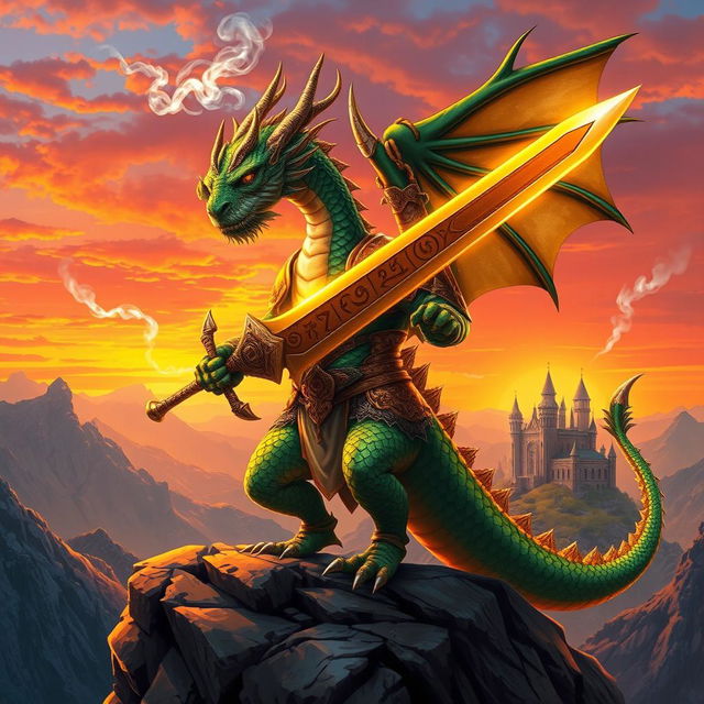 A fierce dragon warrior standing tall on a rocky cliff, wielding a majestic sword that glows with magical energy