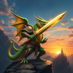 A fierce dragon warrior standing tall on a rocky cliff, wielding a majestic sword that glows with magical energy