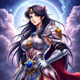 A strikingly beautiful Japanese character inspired by Saint Seiya, featuring traditional attributes combined with a modern touch