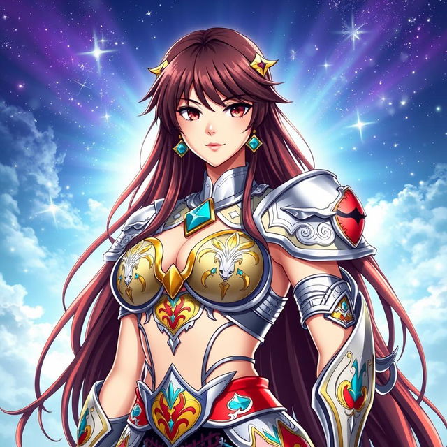 A strikingly beautiful Japanese character inspired by Saint Seiya, featuring traditional attributes combined with a modern touch