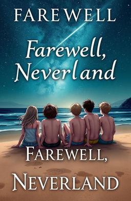 A captivating book cover for 'Farewell, Neverland', featuring a teenage girl and five teenage boys sitting on a sandy beach, gazing up at a breathtaking starry sky