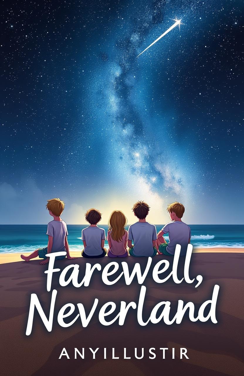 A captivating book cover for 'Farewell, Neverland', featuring a teenage girl and five teenage boys sitting on a sandy beach, gazing up at a breathtaking starry sky