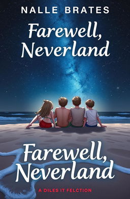 A captivating book cover for 'Farewell, Neverland', featuring a teenage girl and five teenage boys sitting on a sandy beach, gazing up at a breathtaking starry sky