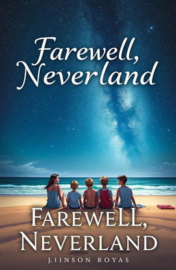 A captivating book cover for 'Farewell, Neverland', featuring a teenage girl and five teenage boys sitting on a sandy beach, gazing up at a breathtaking starry sky