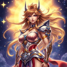 A stunningly beautiful Japanese woman inspired by the Saint Seiya universe, featuring a large and powerful presence