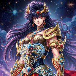 A stunningly beautiful Japanese woman inspired by the Saint Seiya universe, featuring a large and powerful presence