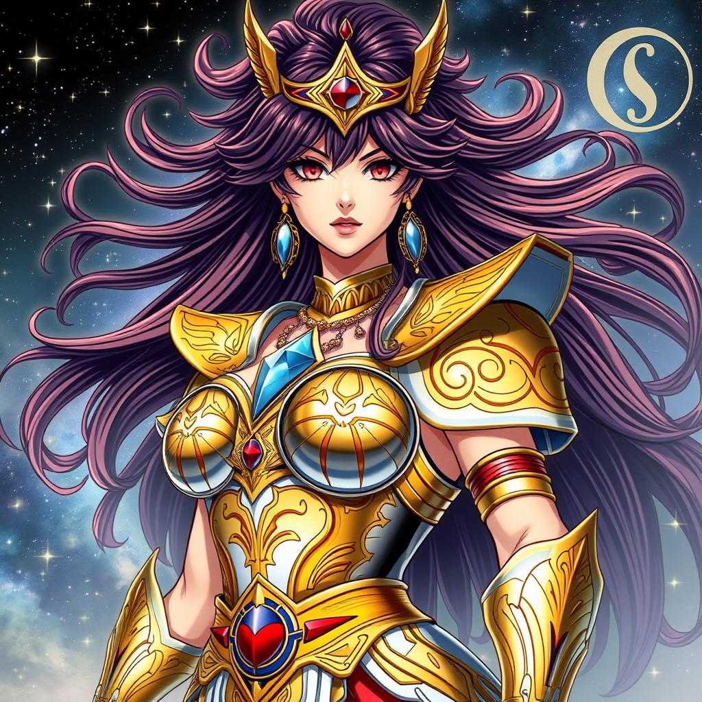 A stunningly beautiful Japanese woman inspired by the Saint Seiya universe, featuring a large and powerful presence