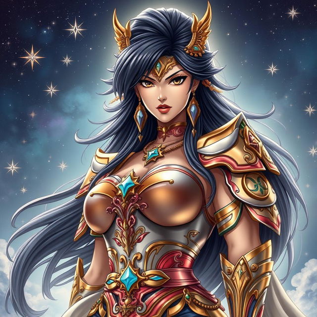 A stunningly beautiful Japanese woman inspired by the Saint Seiya universe, featuring a large and powerful presence