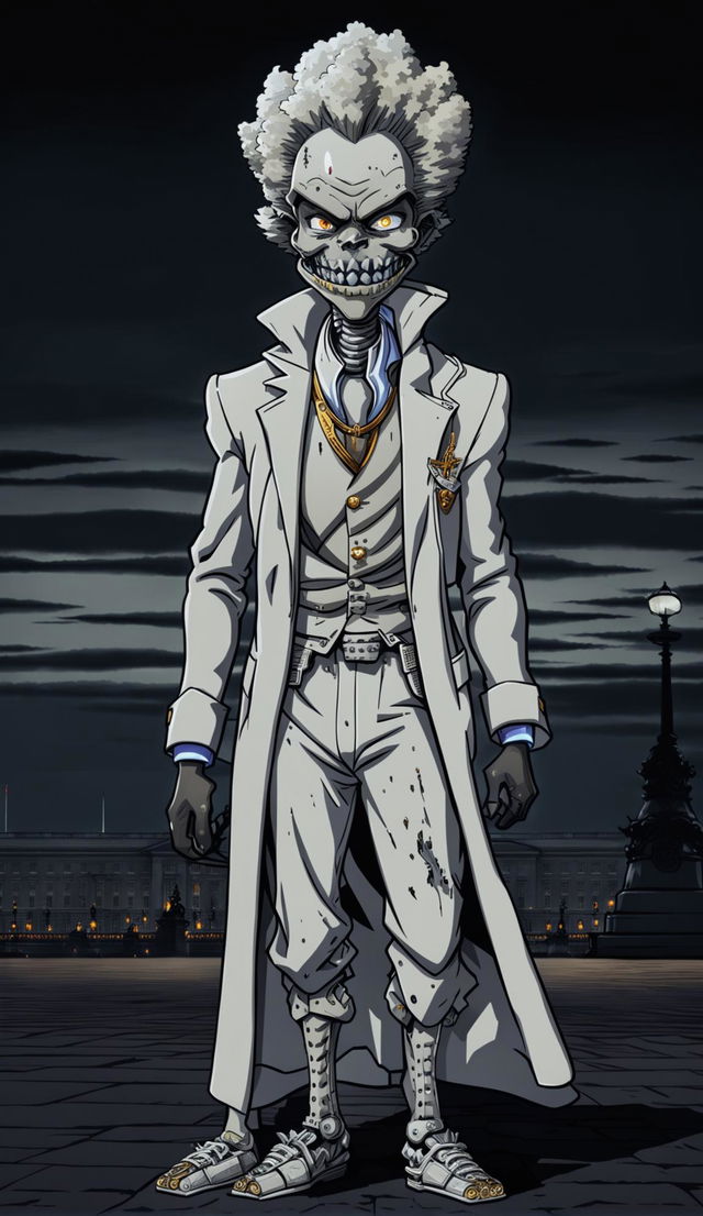 Anime-style British villain with horrible rotten teeth, looking scary in front of Buckingham Palace while standing on an ethnic skeleton